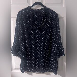 Women's Ann Taylor Factory Navy Flare 3/4 Sleeved Polka Blouse